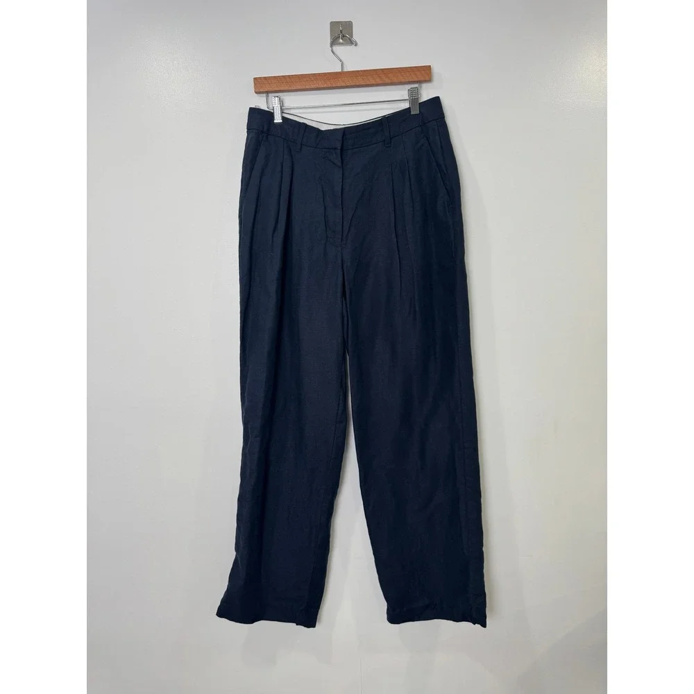 Aritzia Women Navy The Effortless Pant Linen Blend Wide Leg Pleated 12